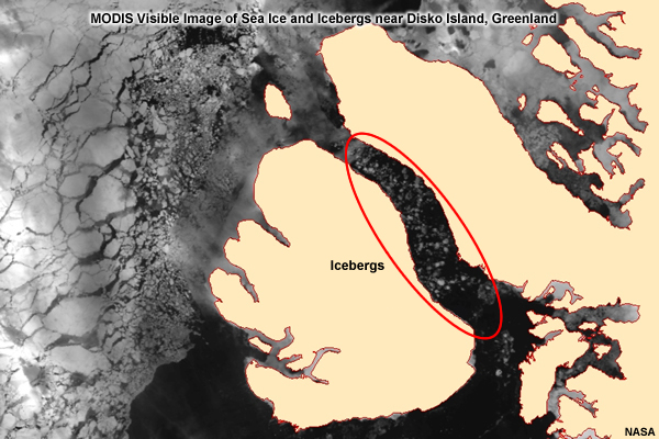 MODIS visible image of sea ice and icebergs near Disko Island, Greenland