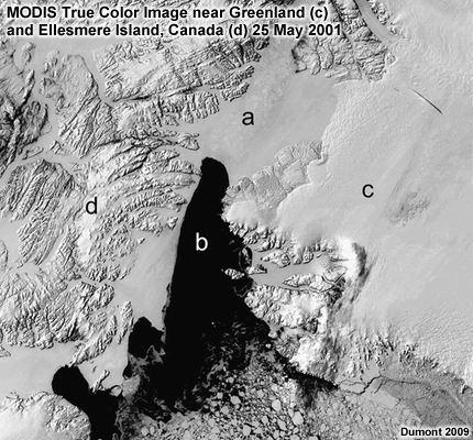 MODIS True Color Image near Greenland (c) and Ellesmere Island, Canada (d) 25 May 2001